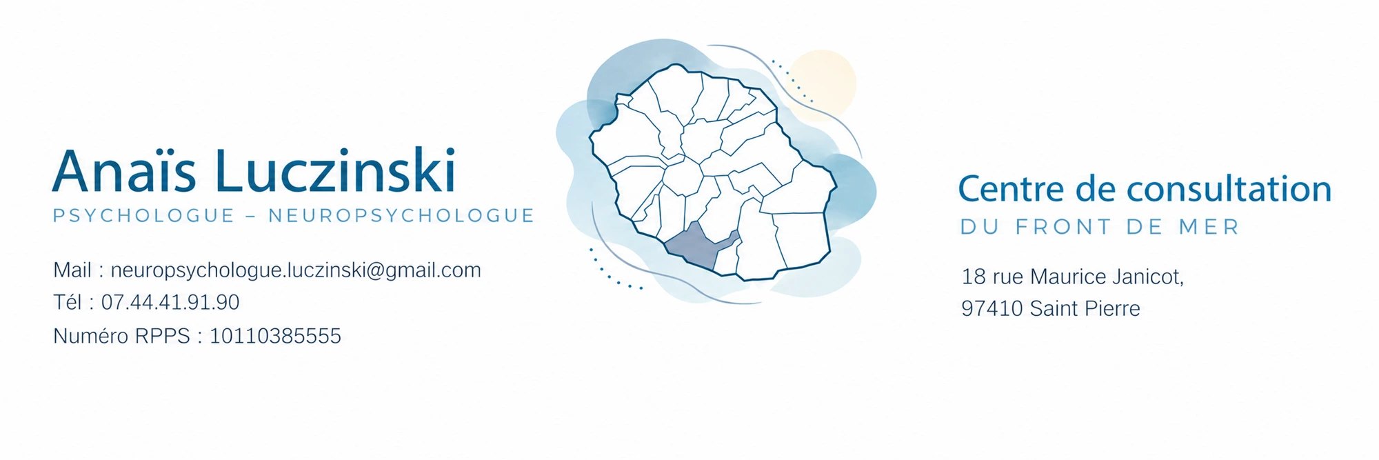 Carte de visite : Anaïs Luczinski, psychologue neuropsychologue, Centre de consultation Du Front de Mer, 18 rue Maurice Janicot, 97410 Saint-Pierre